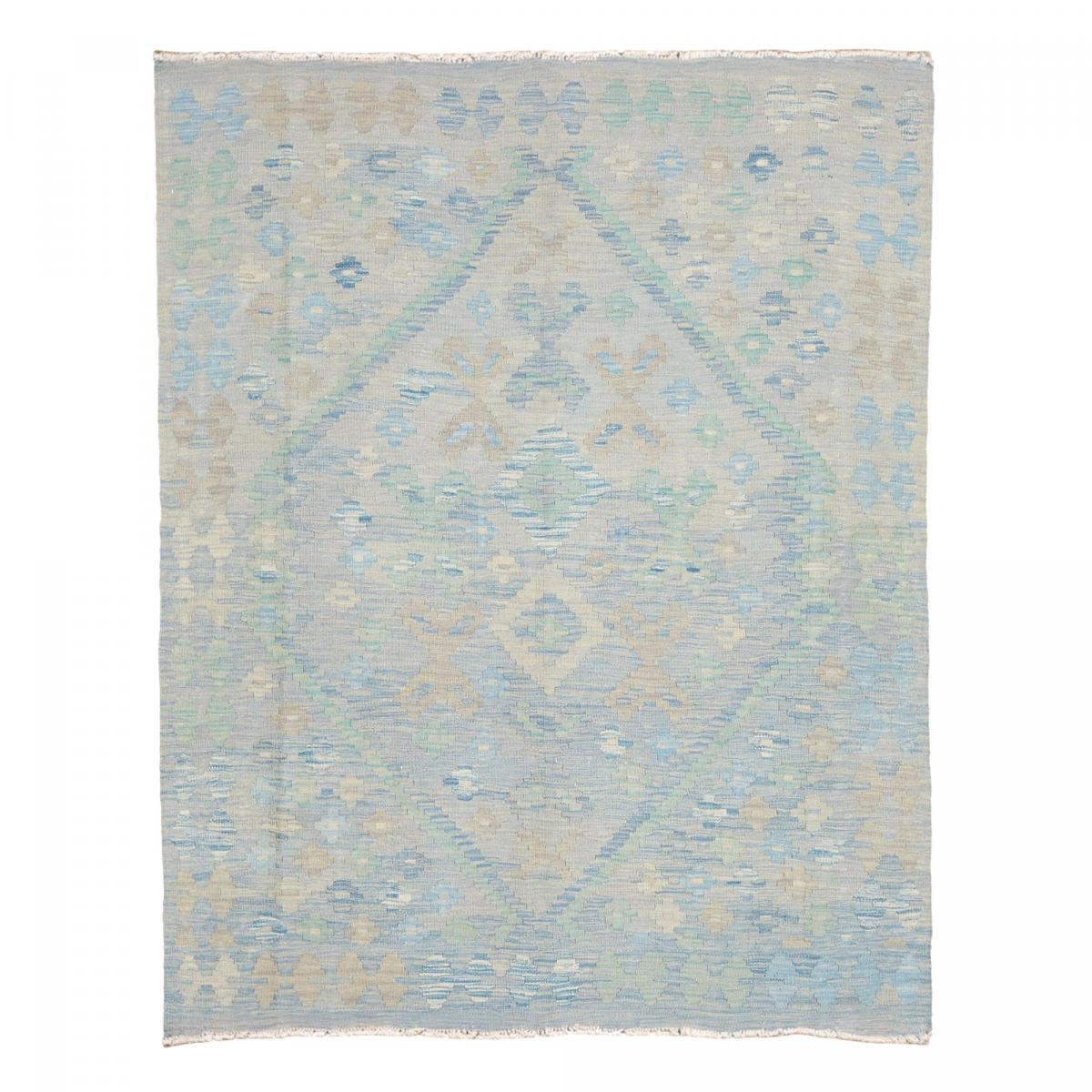 Tapis d'orient géométrique, tissé plat en laine, KILIM 13 bleu, beige, vert, UN AMOUR DE TAPIS