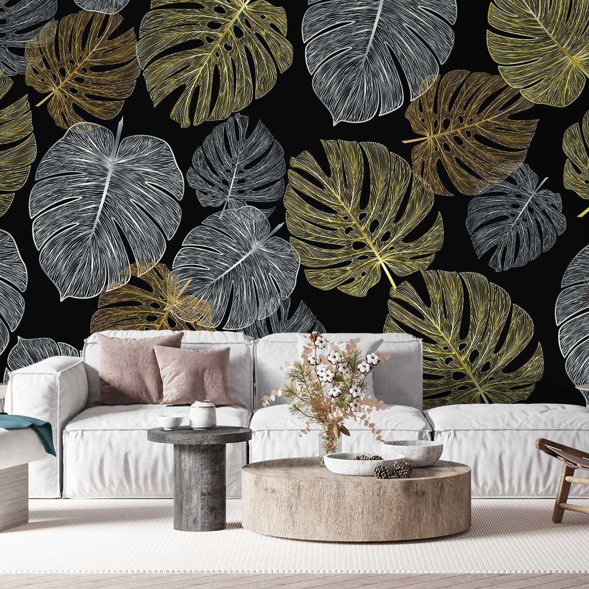 Papier peint et feuilles monstera sur fond noir intissé, HEXOA