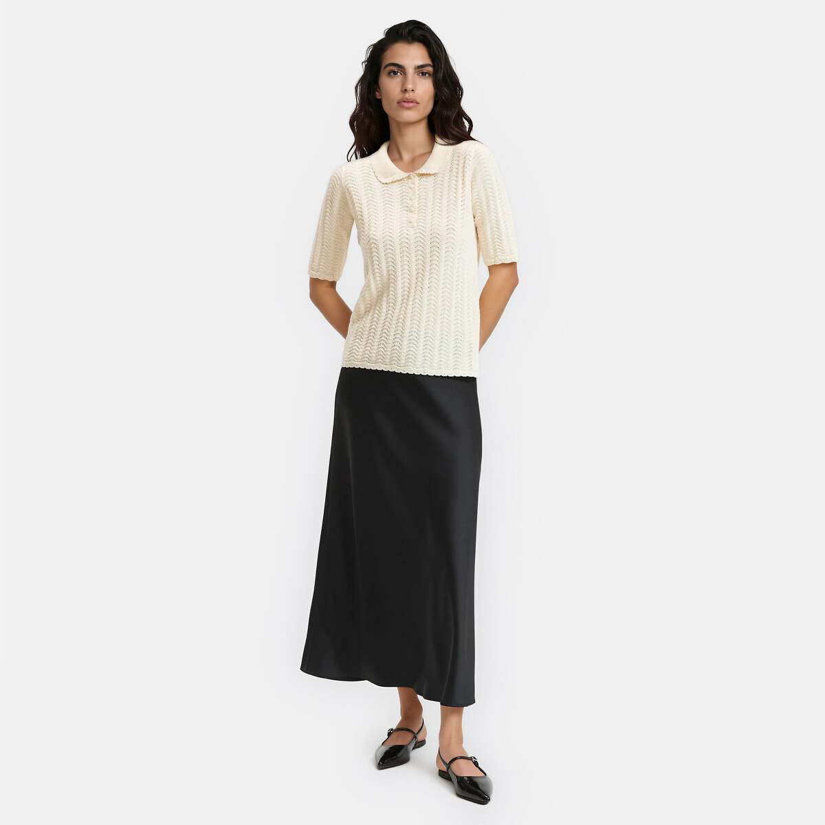 Pull col polo en coton, fine maille ajourée ivoire, LA REDOUTE COLLECTIONS