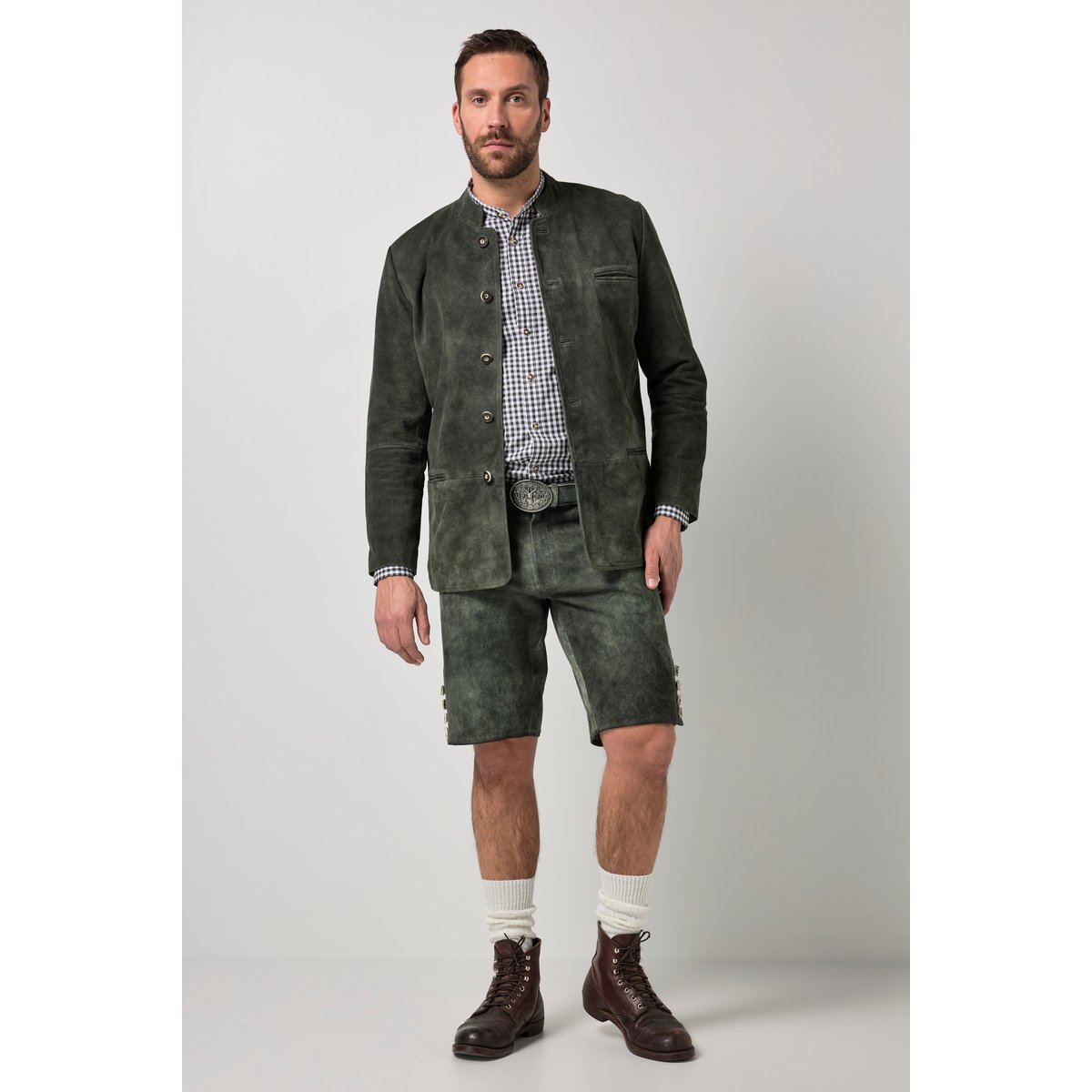 Veste en cuir suédé de chevreau olive foncé, JP1880