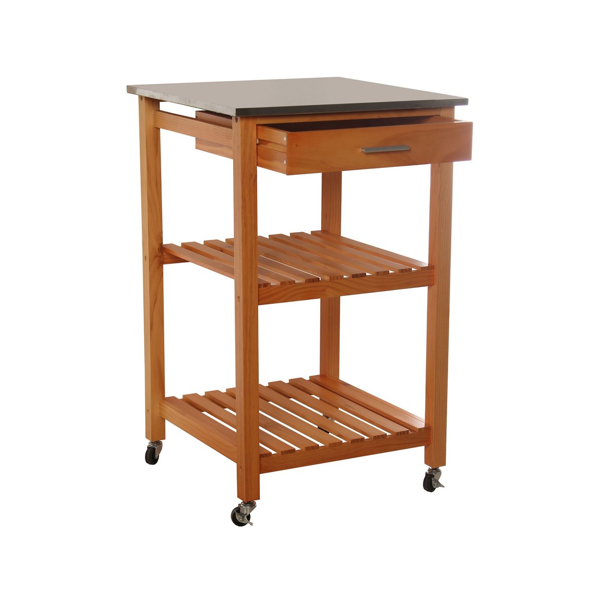 Desserte de Cuisine sur Roulettes en Bois Plateau Inox 1 Tiroir + 2 Étagères bois, WADIGA