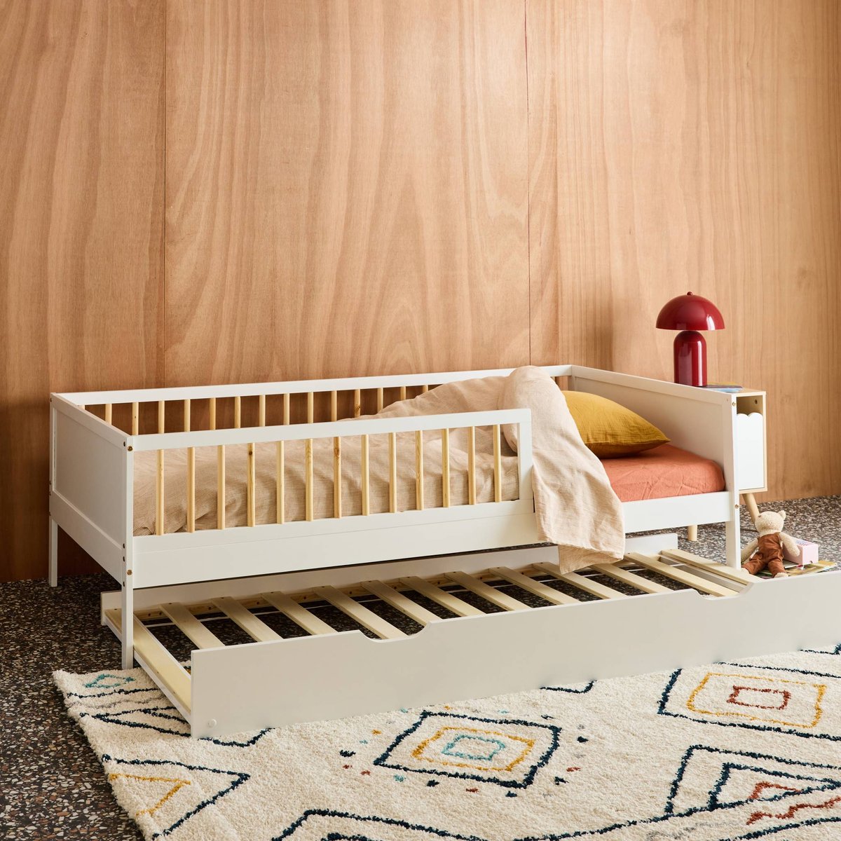 Lit gigogne enfant 90 x 190 cm pin naturel avec sommier à lattes et tiroir ELIO blanc, SWEEEK