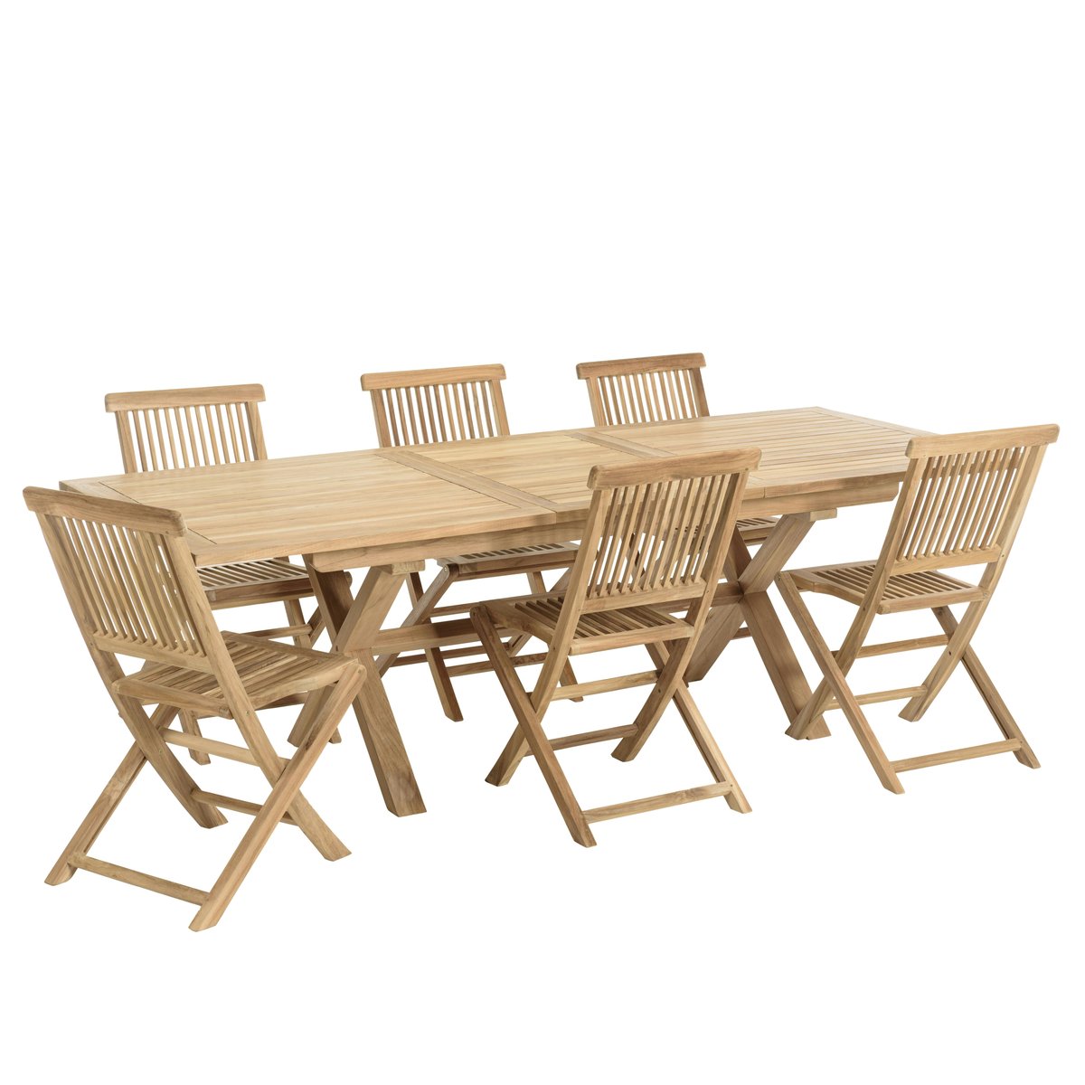 Salon de jardin teck brut table pieds en croix 180/240 + 6 chaises bord droit SUMMER bois naturel, PIER IMPORT