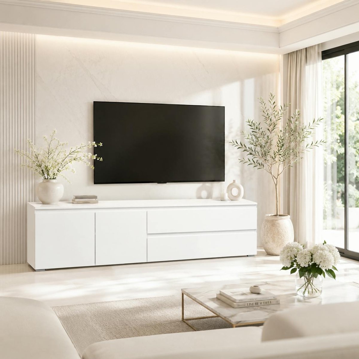 Long meuble TV blanc 2 portes 2 tiroirs ALVA blanc, PIER IMPORT