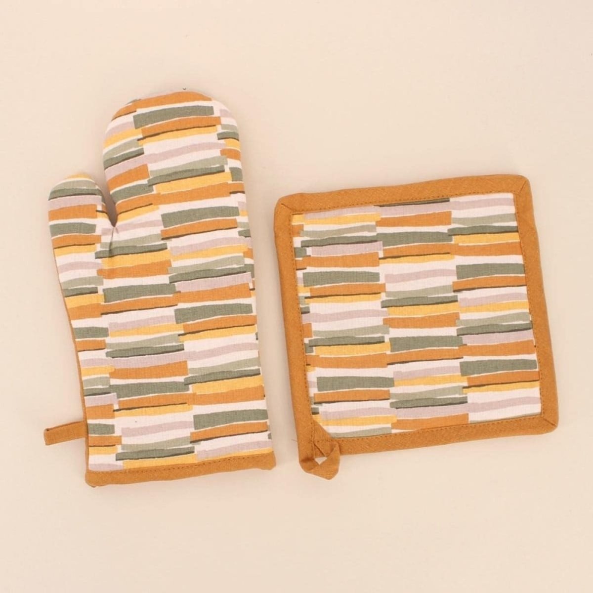 Set gant + manique motifs géométriques jaune, ORNAMI