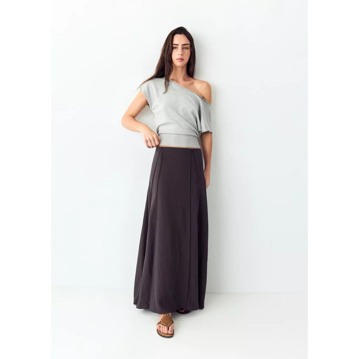 Jupe longue détail coutures marron, MANGO TEEN