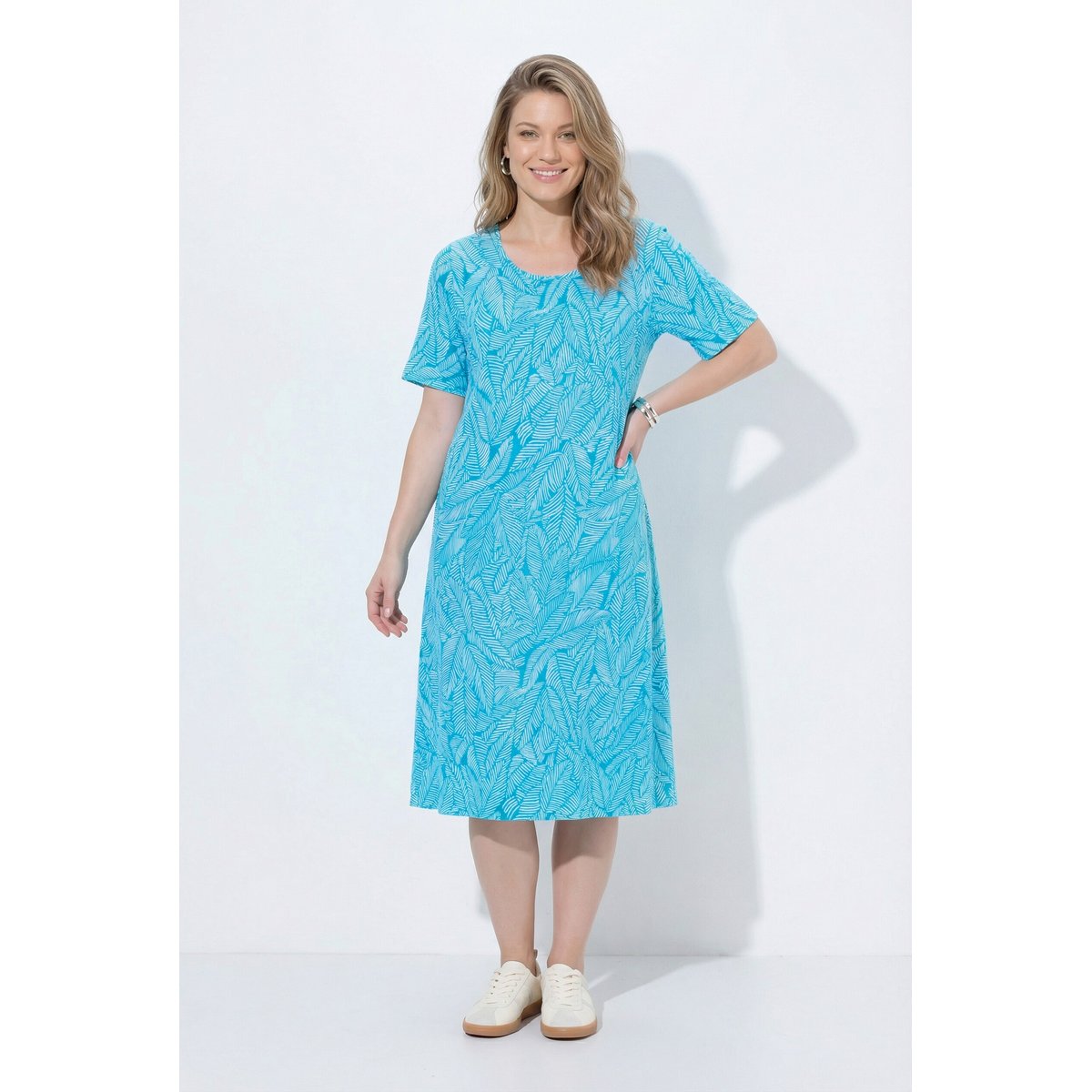 Robe en jersey motif feuilles aqua foncé, ULLA POPKEN