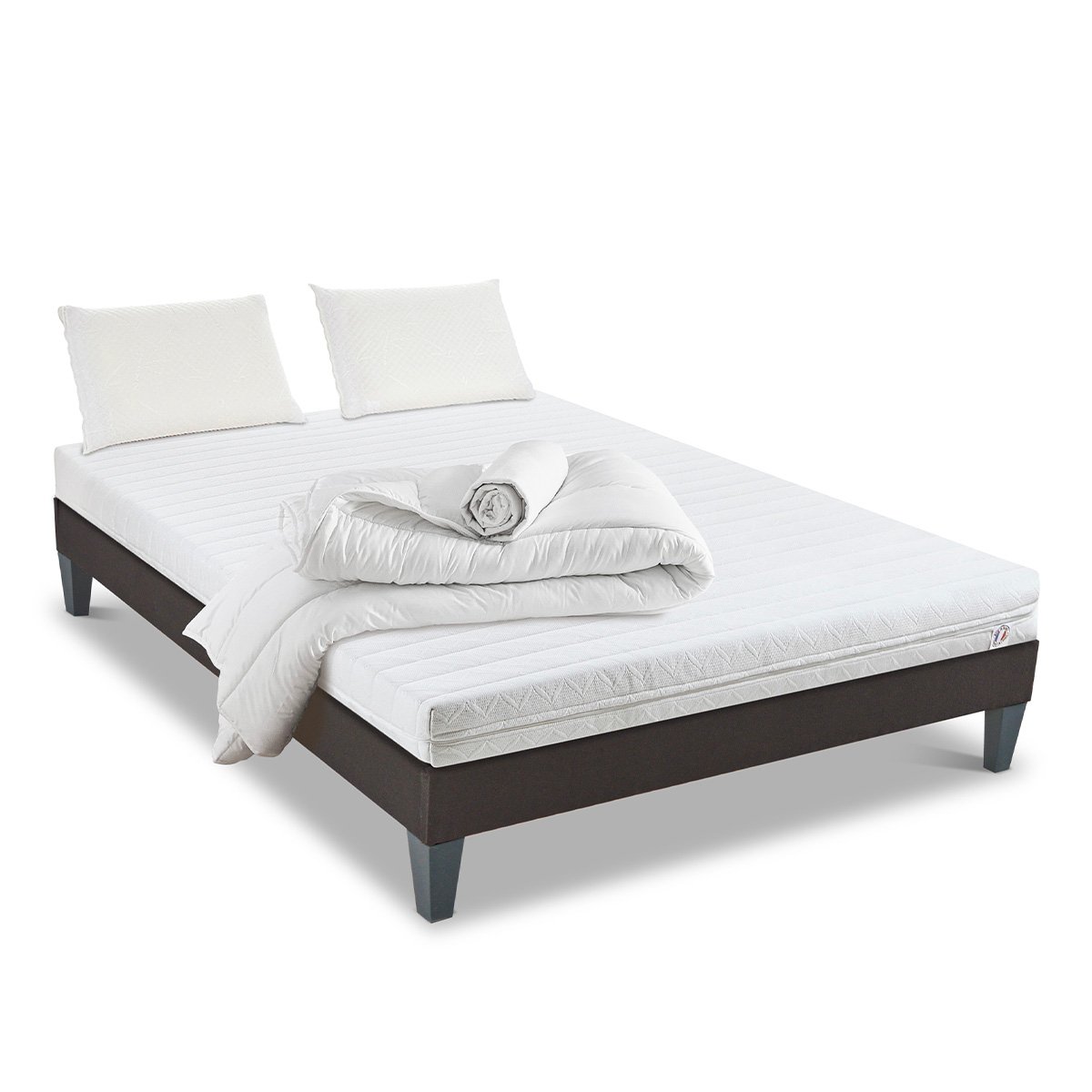 Pack Egio 180x200 cm Matelas Mousse + Sommier Bois + Accessoires blanc, OLYMPE LITERIE