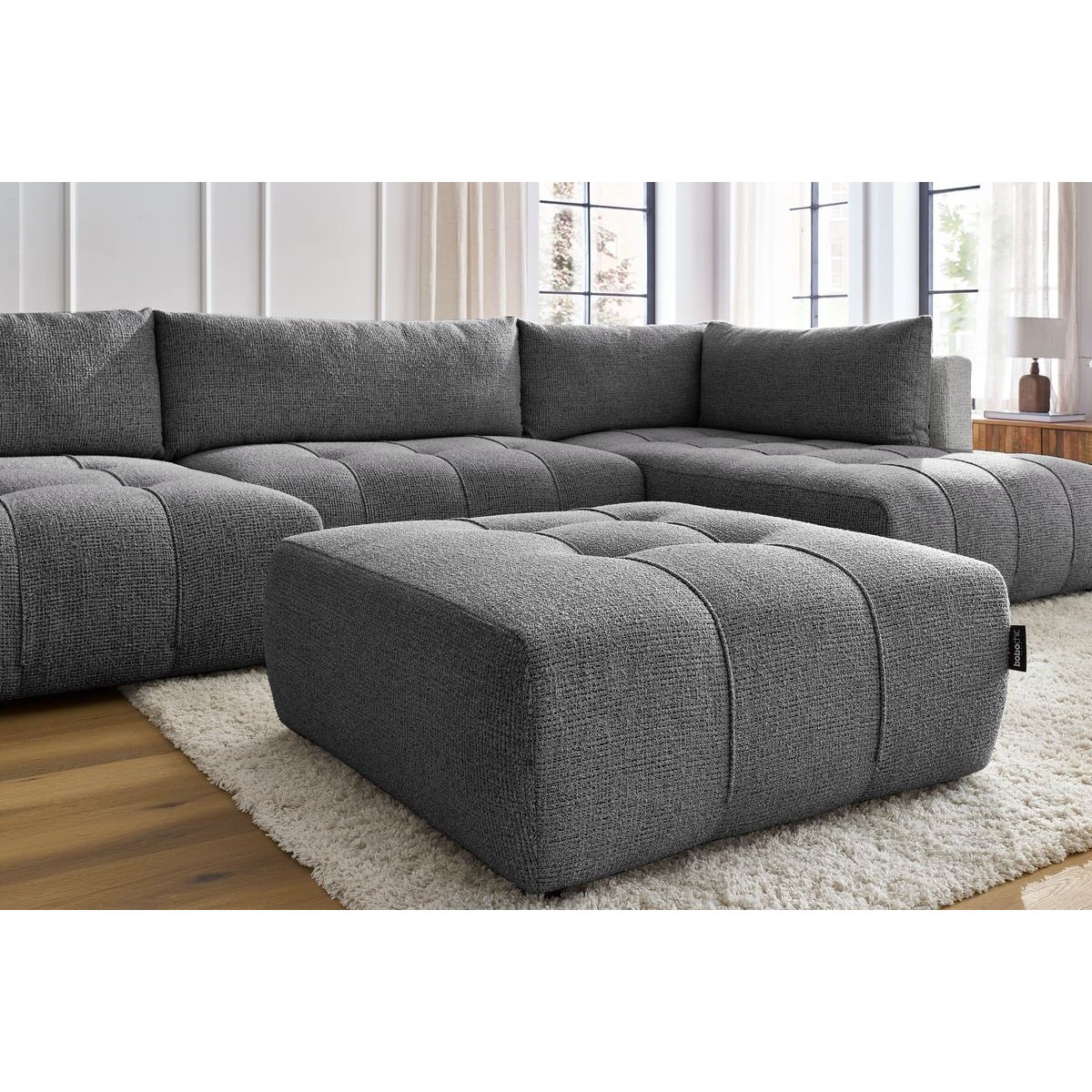Canapé panoramique convertible 6 places en tissu chiné avec pouf, ARSENE gris foncé, BOBOCHIC
