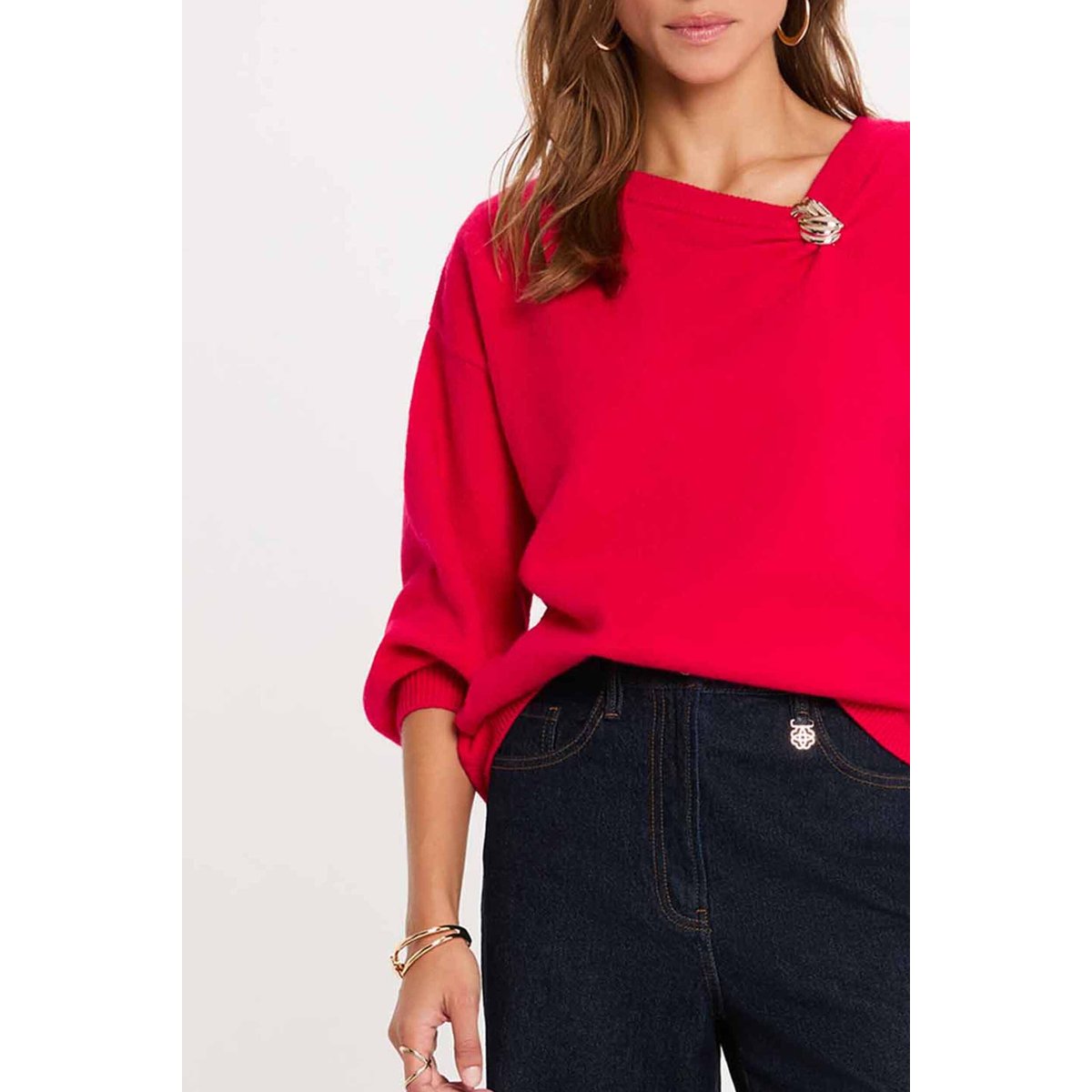 Pull col v asymétrique rose vif, MORGAN
