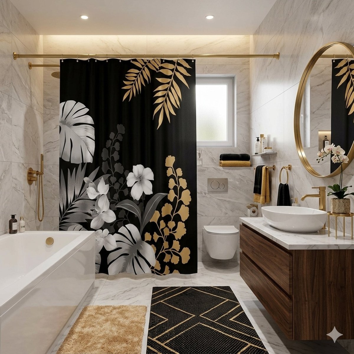 Rideau de douche motif feuillage noir, EDEN
