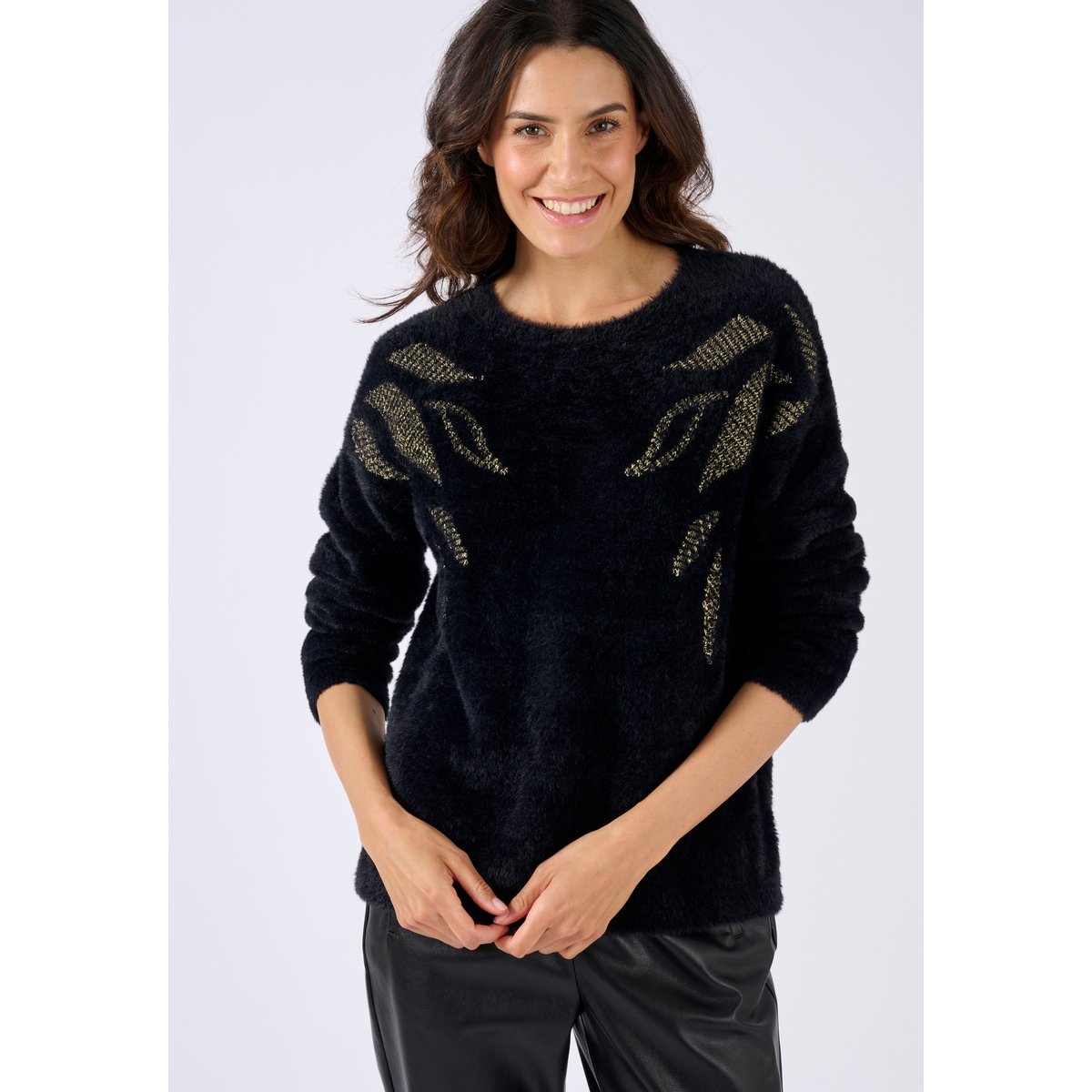 Pull maille poilue à motif végétal brillant noir, DAMART