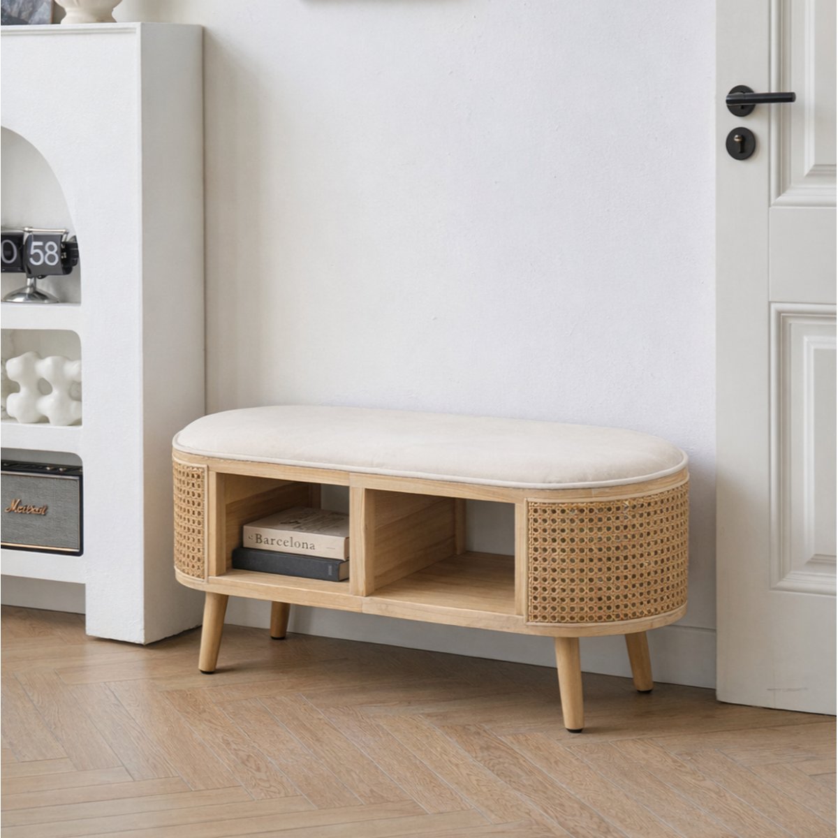 Banc avec rangement, rotin et velours, ISUMI beige, NORDLYS
