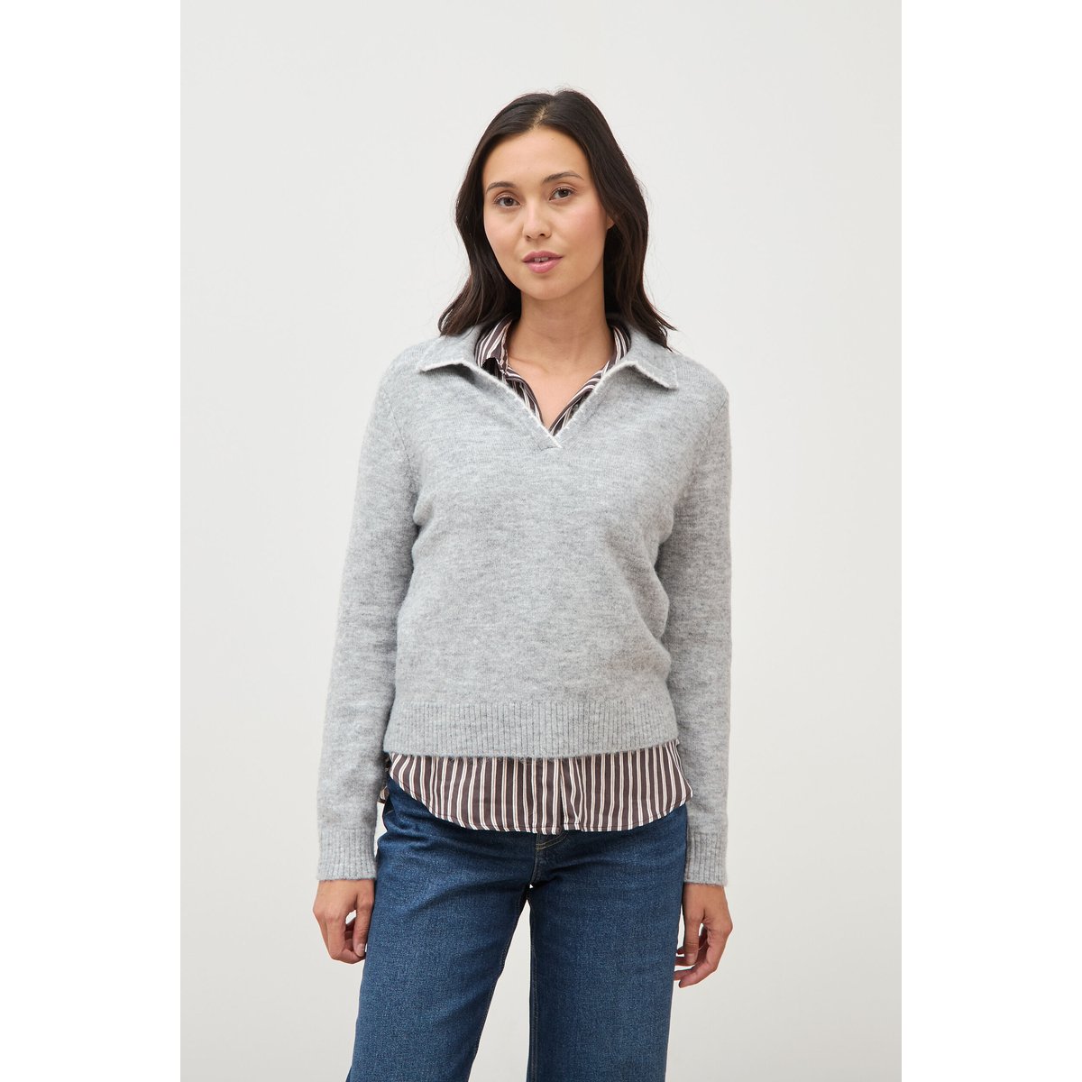 Pull droit col polo manches longues gris, BONOBO