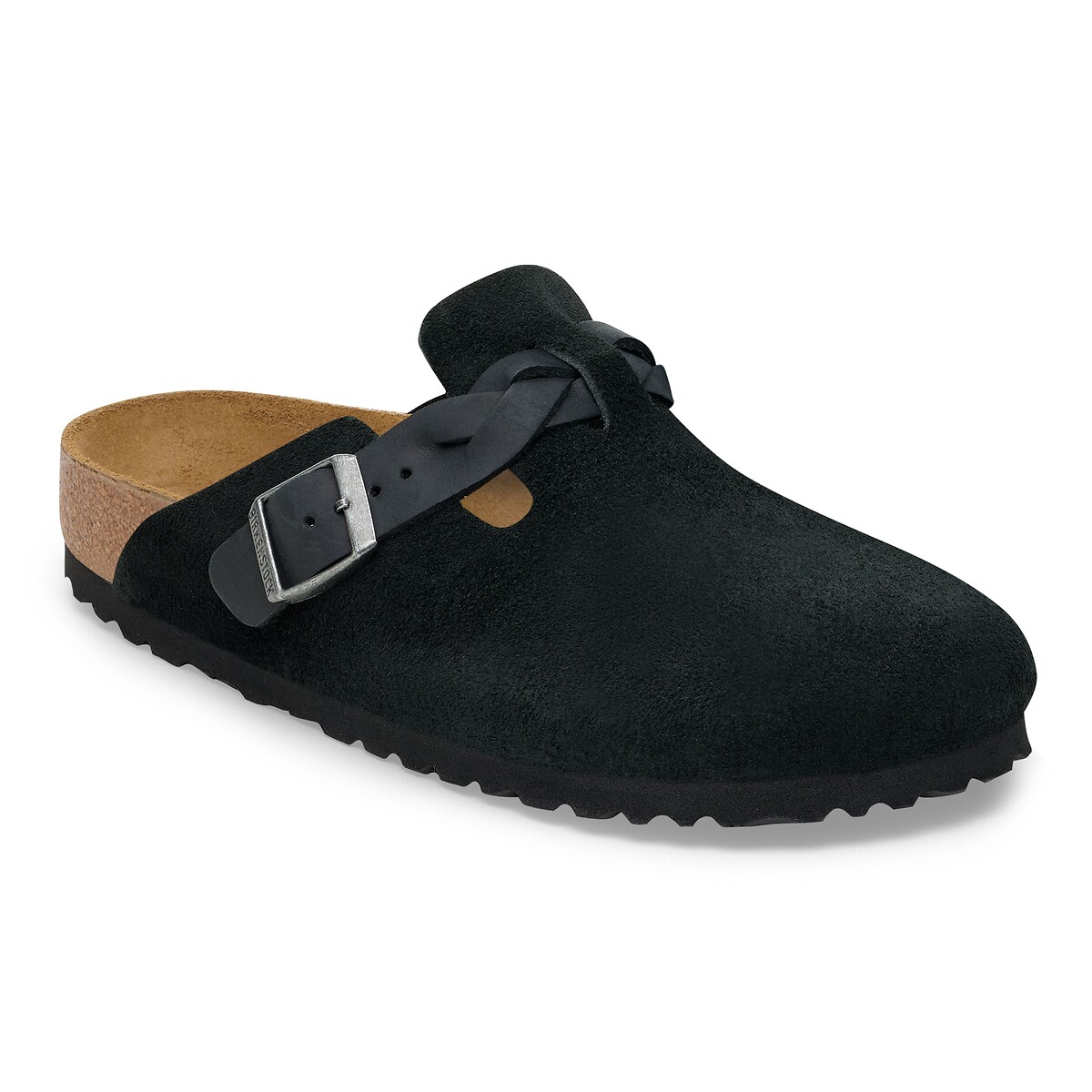 Sabots en cuir suédé BOSTON BRAIDED noir, BIRKENSTOCK