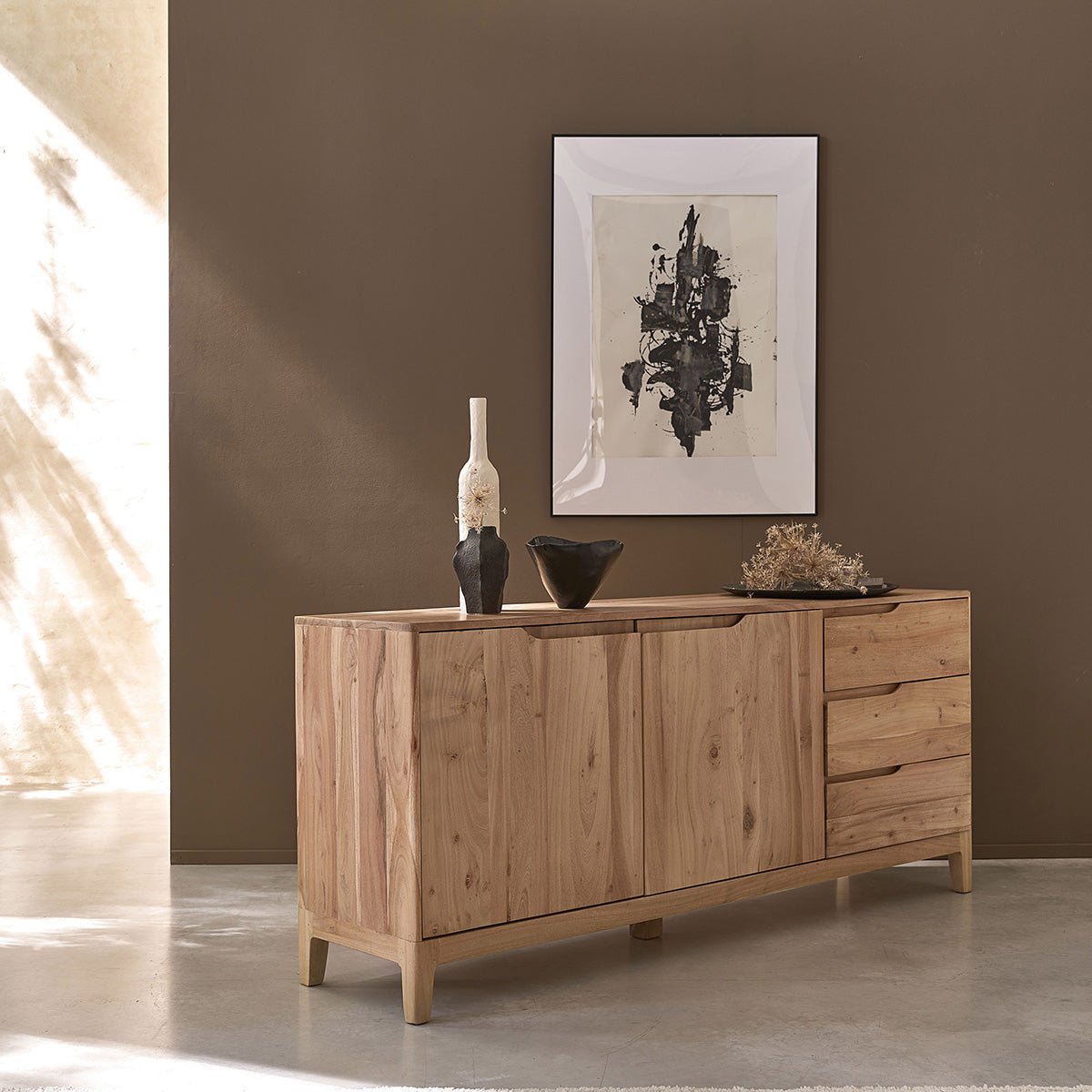 Buffet 2 portes, 3 tiroirs en acacia massif 170 cm  SAMSO couleur unique, BERAH GETAH