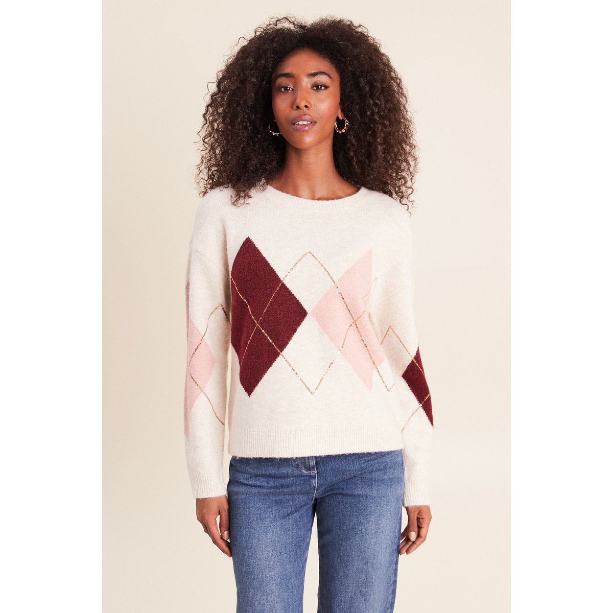 Pull col rond avec strass beige, BREAL