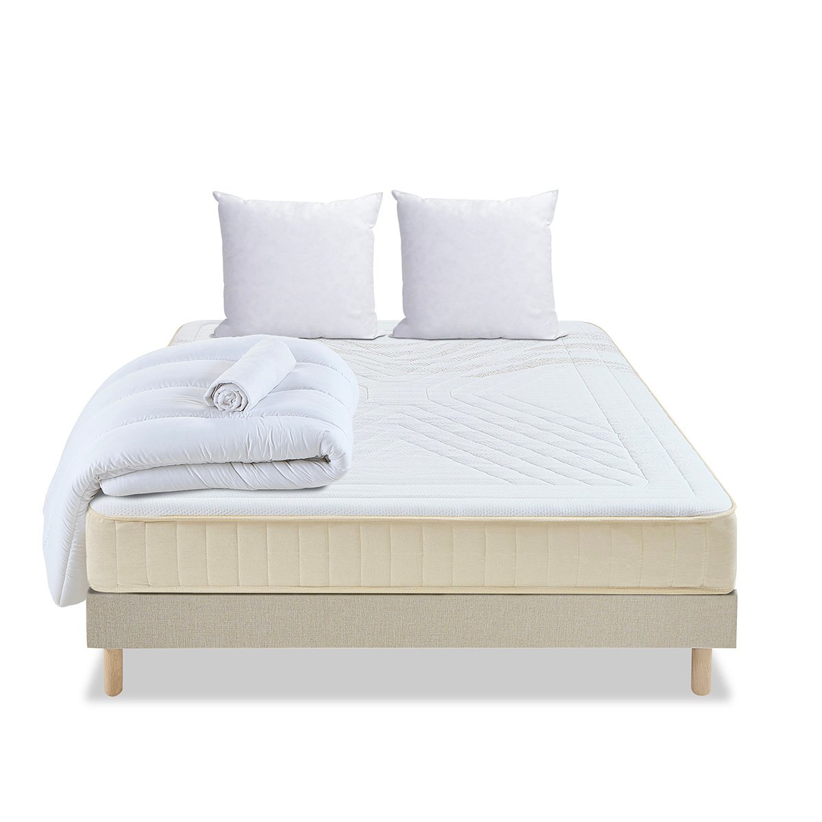 Pack Symphonie 2.0 90x190 cm Matelas Mousse + Sommier Bois + Accessoires beige, BELLECOUR
