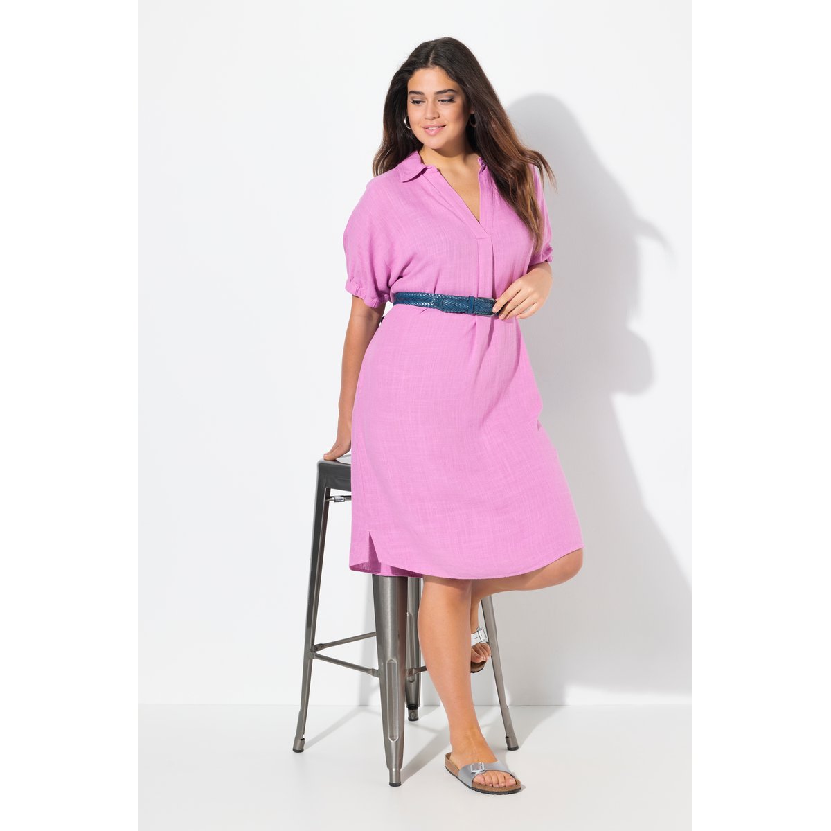 Robe oversize en lin mélangé. Col chemise rose frais, ULLA POPKEN