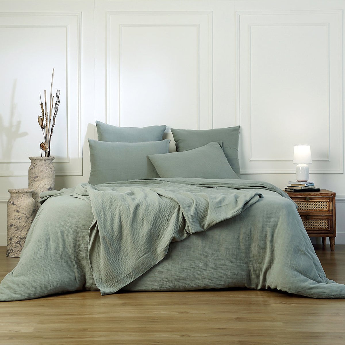 Parure + taies 65x65 gaze de coton CARLA vert céladon, FEBRONIE
