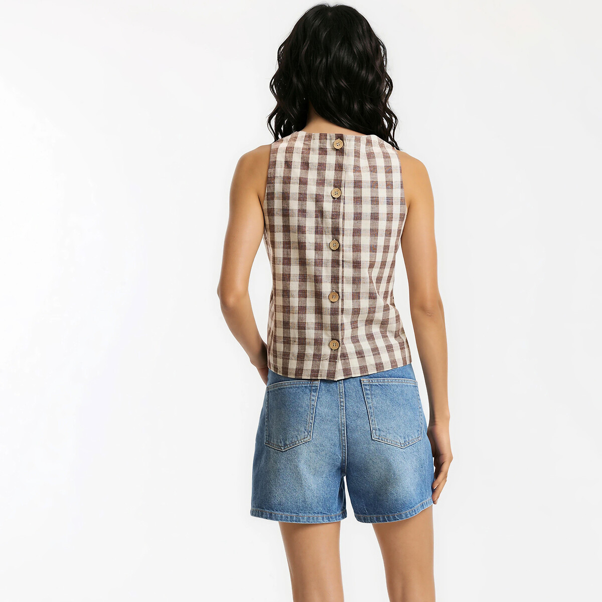 Top sans manches imprimé vichy en coton et lin vichy marron, LA REDOUTE COLLECTIONS