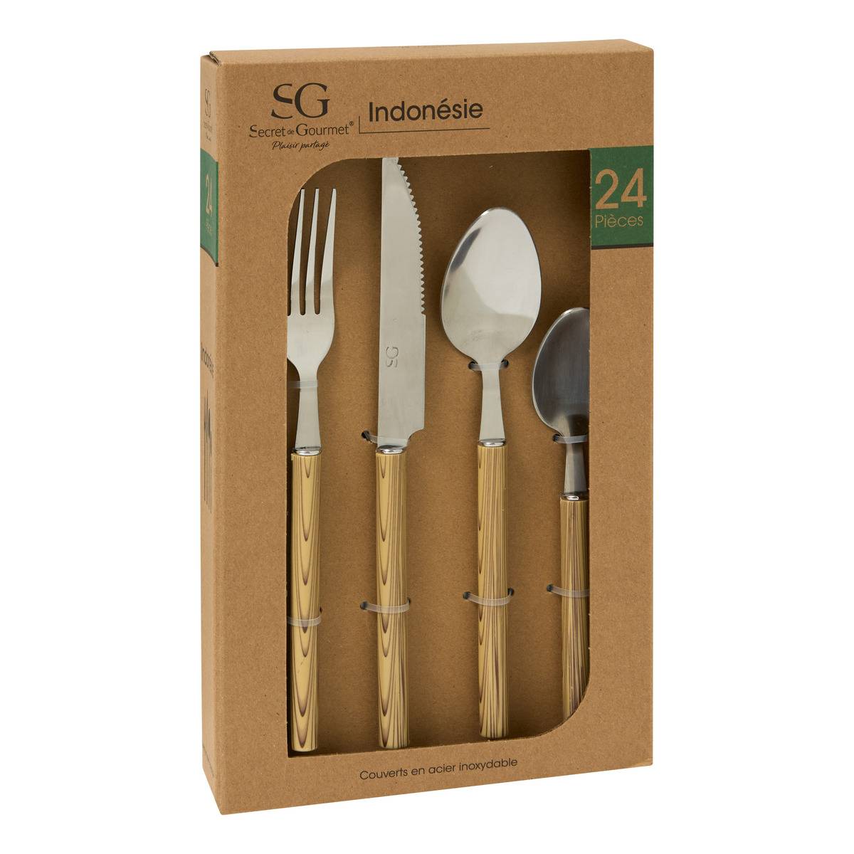 Ménagère 24 pièces en acier inoxydable et manches effet bois INDONESIE taupe, SECRET DE GOURMET