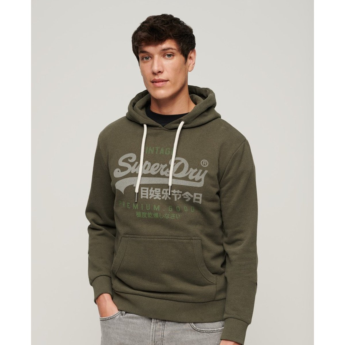 Sweat à capuche classique Vintage Logo Heritage kaki chiné, SUPERDRY