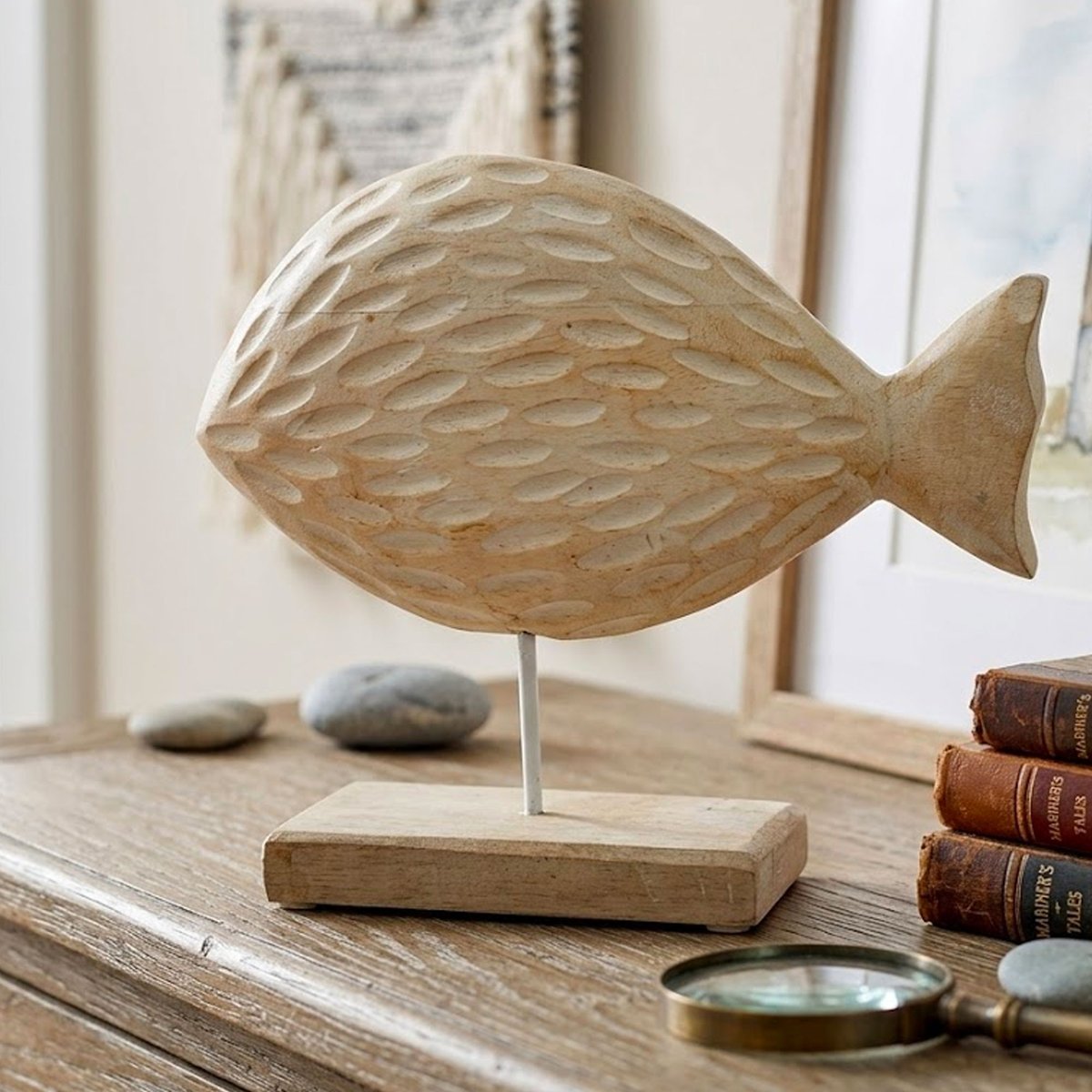 Statuette poisson en bois de mangue blanchi 15x7x22cm blanc, WADIGA