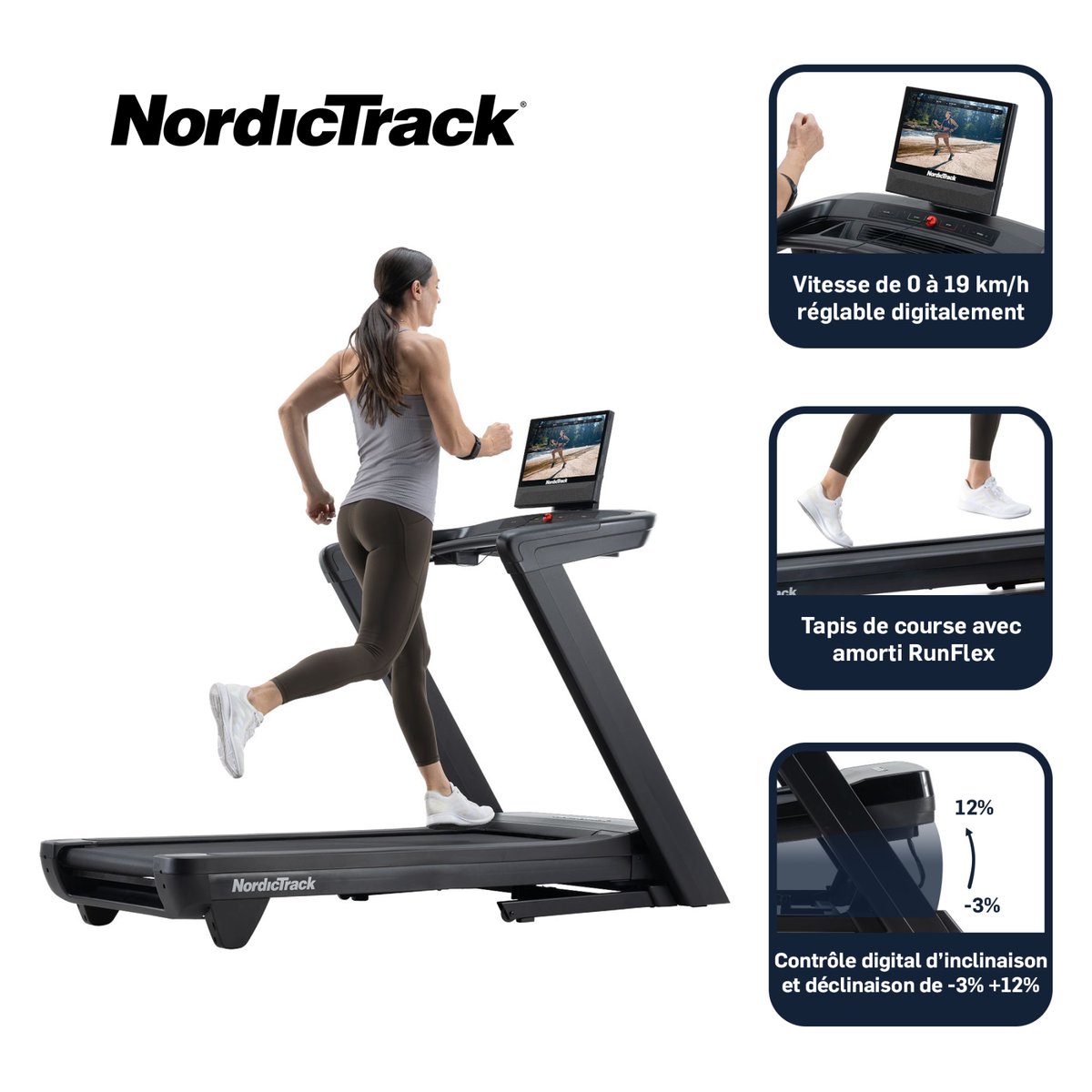 Tapis de course Commercial 1750 connecté iFIT / Ecran tactile 16" noir, NORDICTRACK