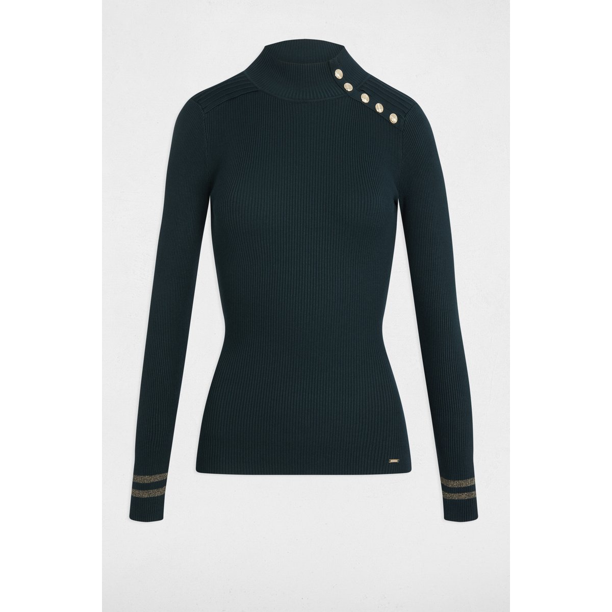Pull col montant boutonné à manches longues vert fonce, MORGAN