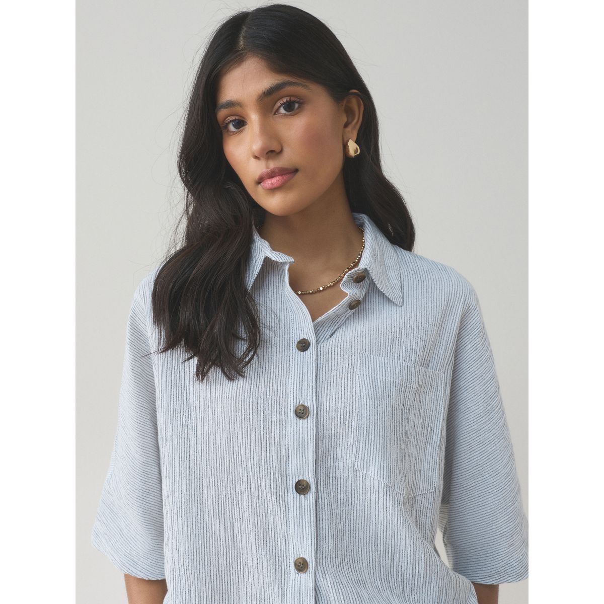 Chemise manches courtes en lin, lot de 2 rayures ardoise/blanches, NEXT