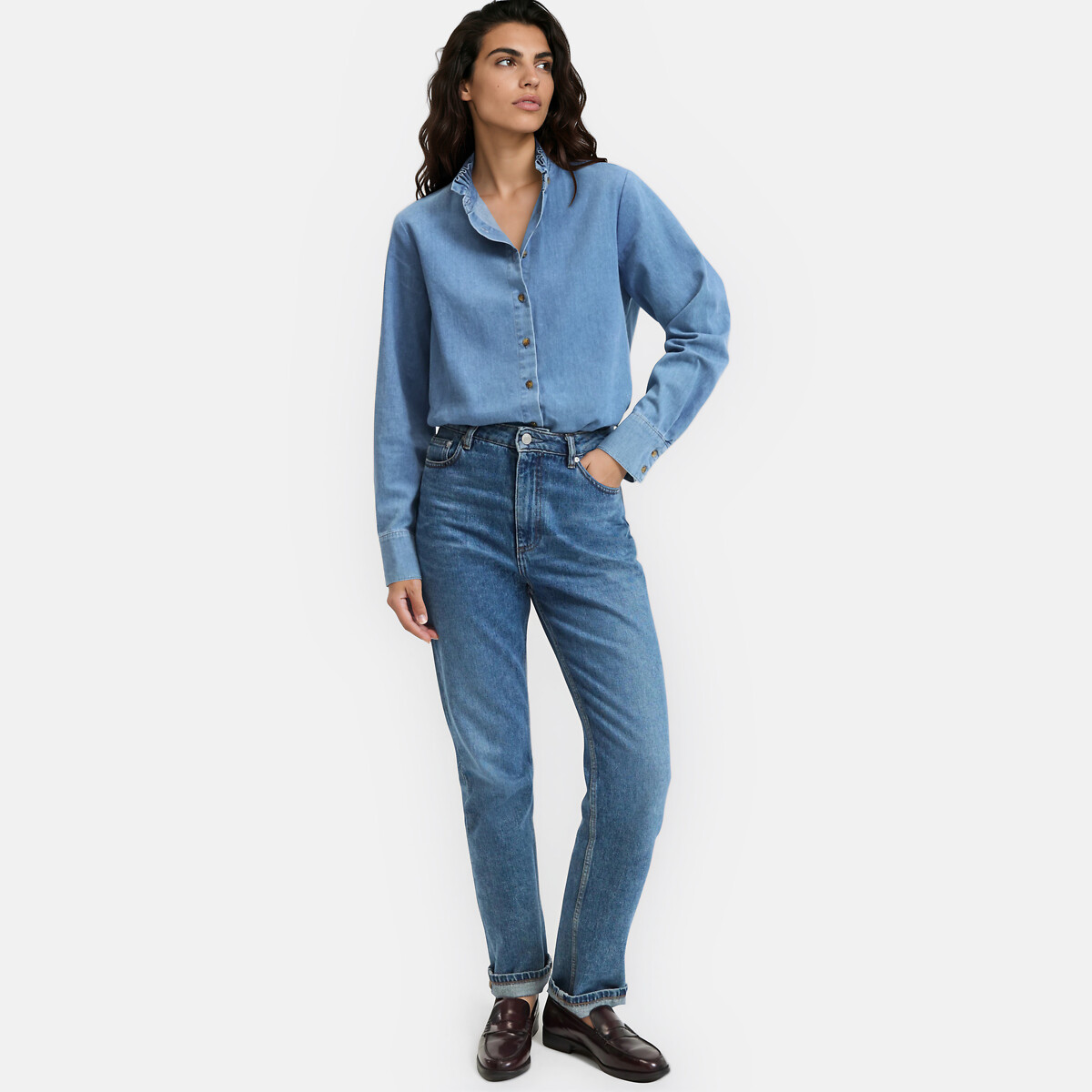 Chemise en denim col victorien avec volant double stone, LA REDOUTE COLLECTIONS