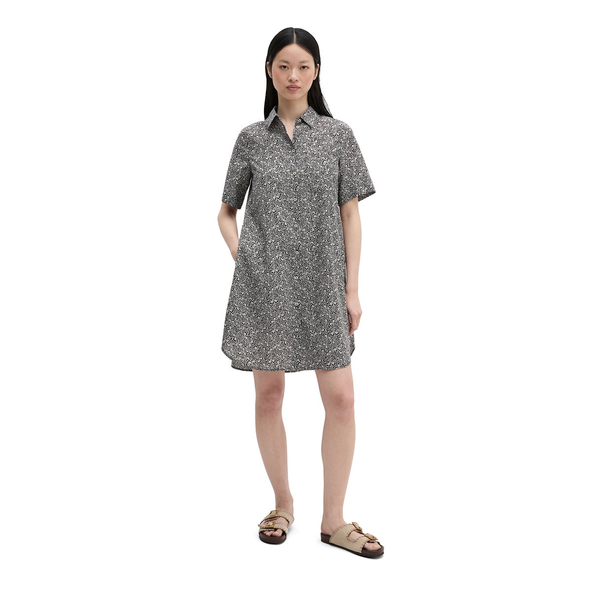 Robe chemisier loose en voile de coton imprimé noir, MARC O'POLO