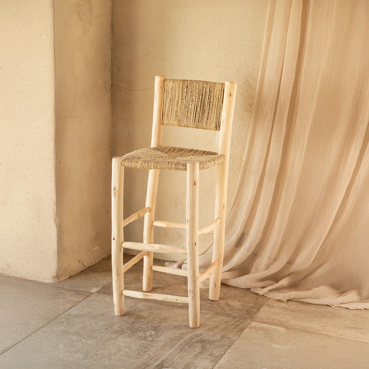 Tabouret de bar bois dossier aligné - LOJI naturel, HOME MAISON