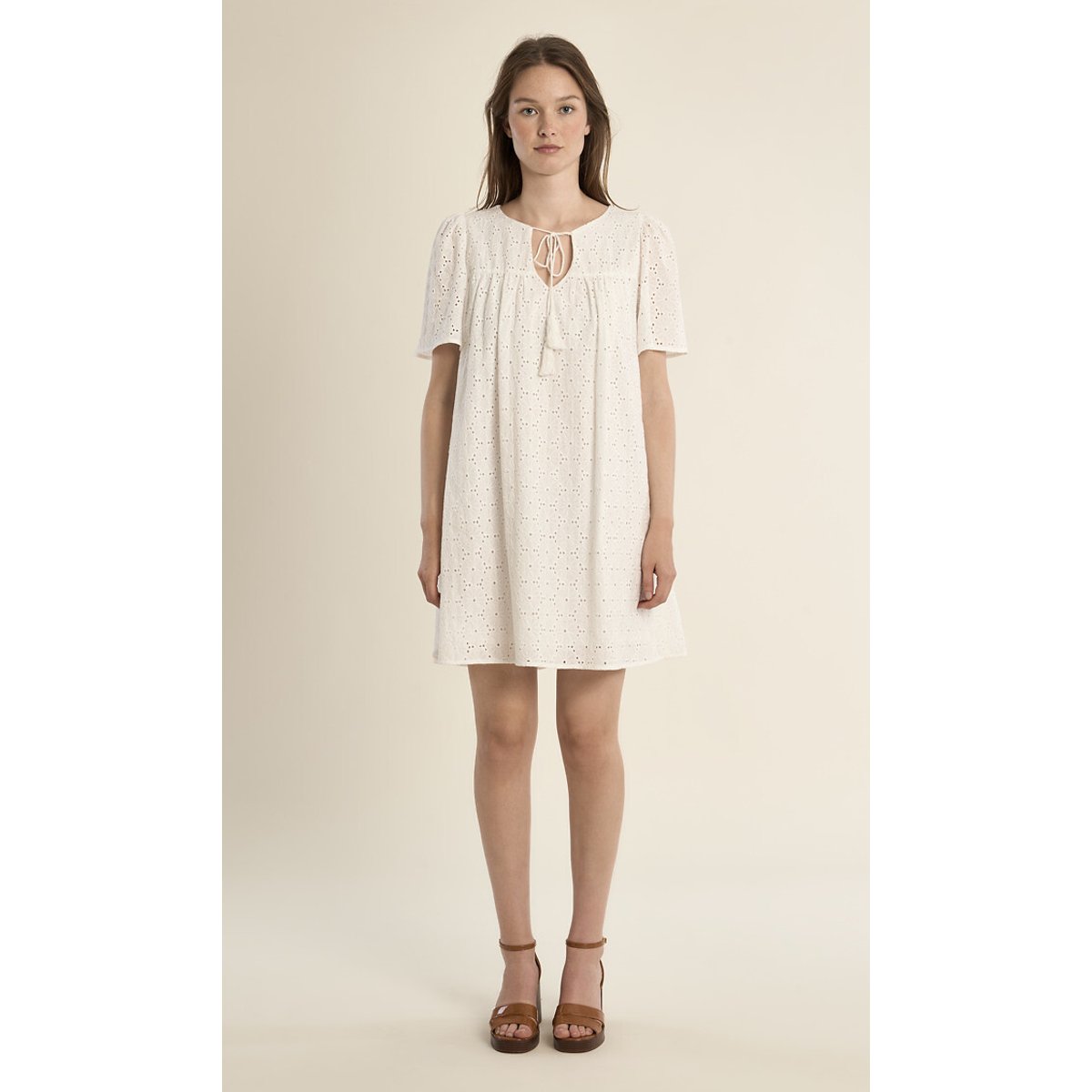 Robe courte manches courtes col noué blanc, MOLLY BRACKEN