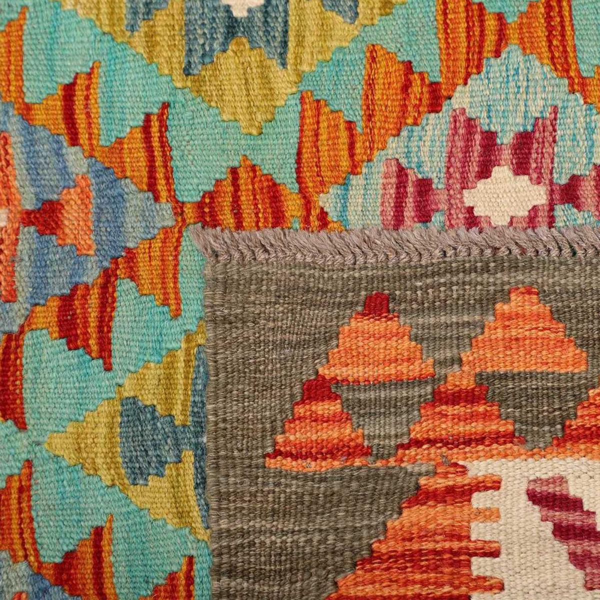 Tapis kilim à motif ethnique, tissage plat en laine, KILIM 66 multicolore, bleu, orange, UN AMOUR DE TAPIS