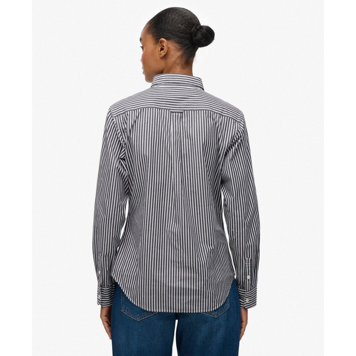 Chemise à manches longues en popeline slim Crest rayé bleu marine/blanc, SUPERDRY
