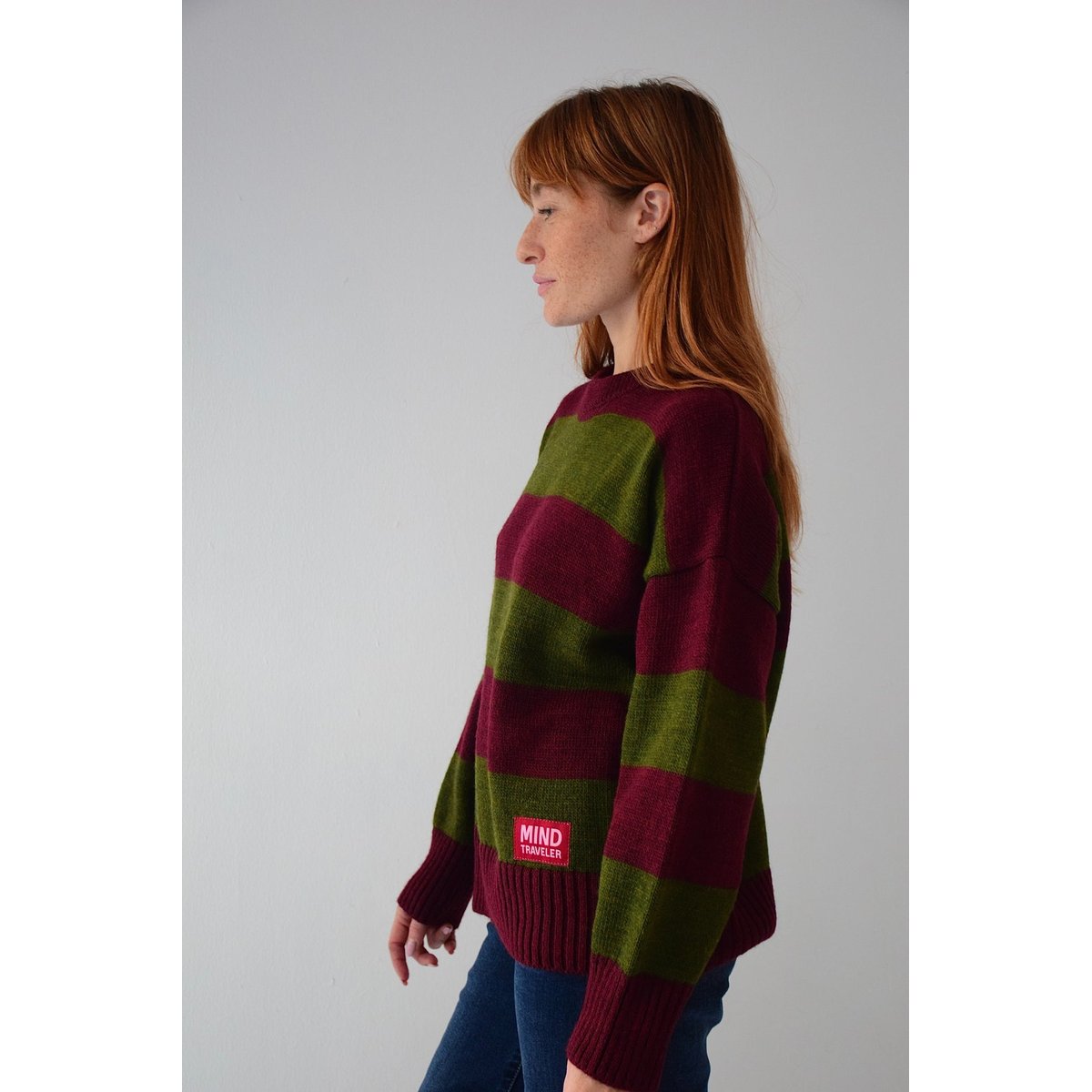 Pull rayé col rond ALEX kaki / bordeaux, MINDTRAVELER