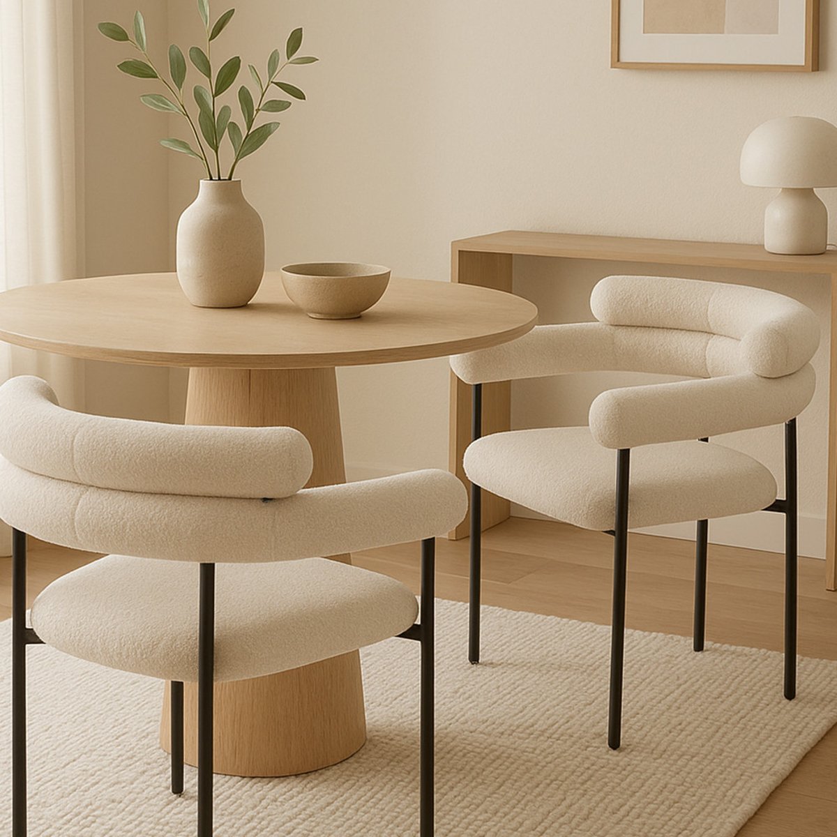 Lot de 2 fauteuils de table en tissu bouclette et métal- NORI écru, DRAWER