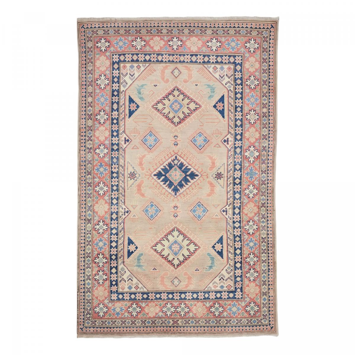 Tapis d'orient géométrique, noué main en laine, KAZAK CO 52 beige, bleu, rose, UN AMOUR DE TAPIS
