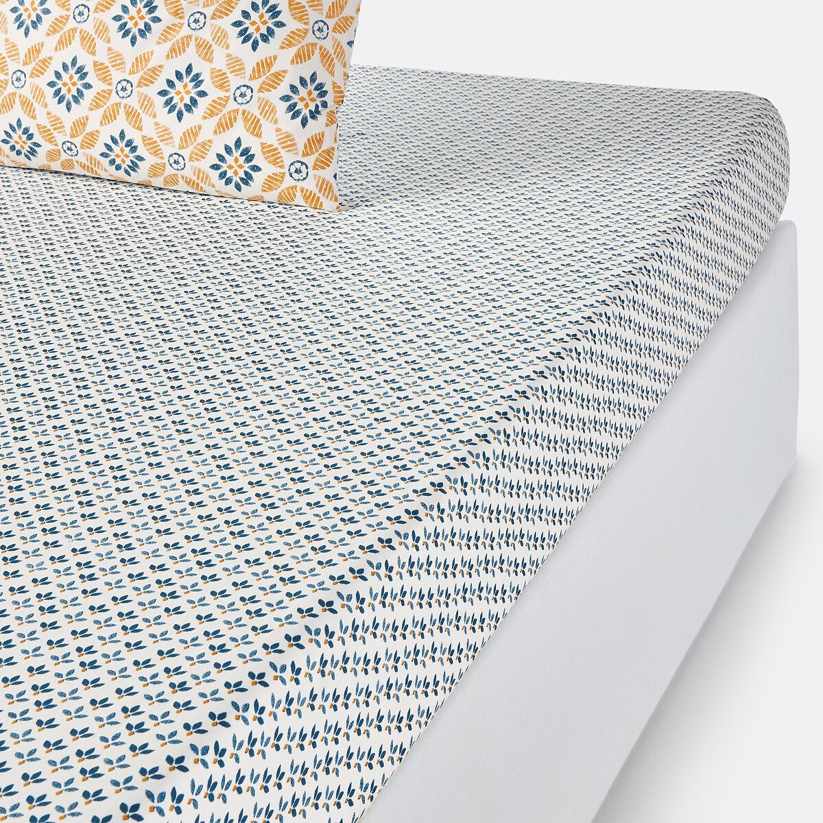 Drap housse percale de coton, Soleme imprimé bleu/jaune, LA REDOUTE INTERIEURS