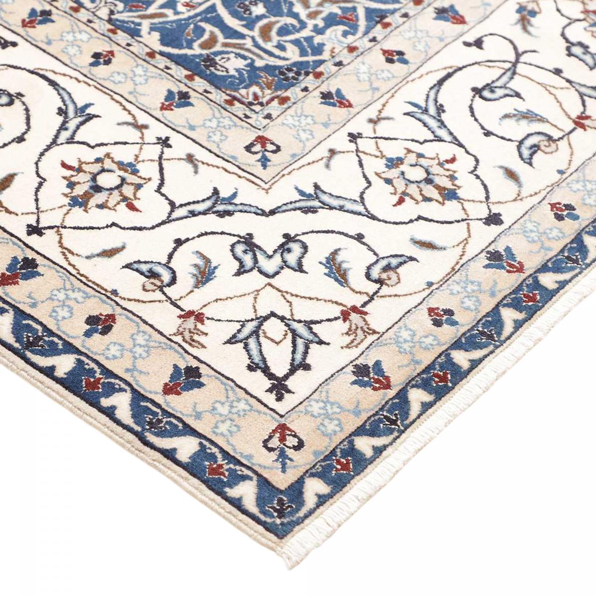 Tapis d'orient, motif oriental noué main en laine et soie crème, bleu, rouge, UN AMOUR DE TAPIS