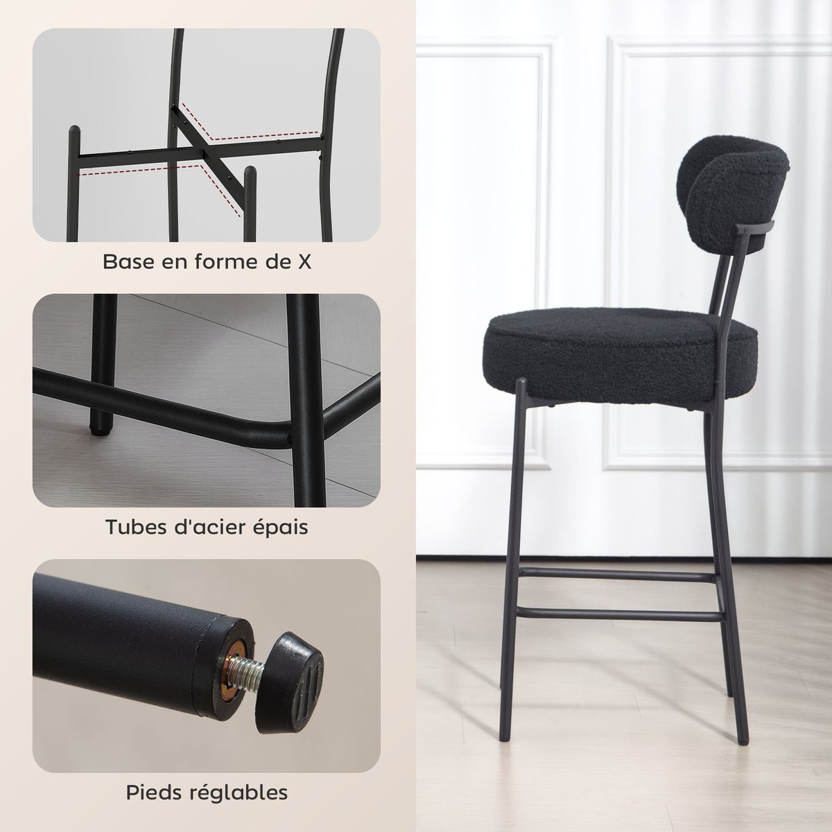 Tabouret de bar Tissu bouclette Noir noir, HOMCOM