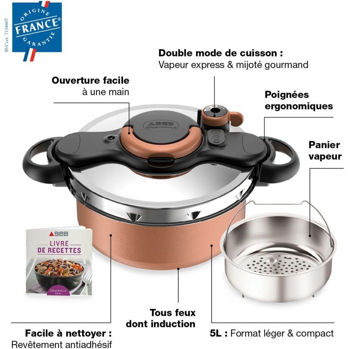Autocuiseur ClipsoMinut Duo Copper 5L P4705101 blanc, SEB