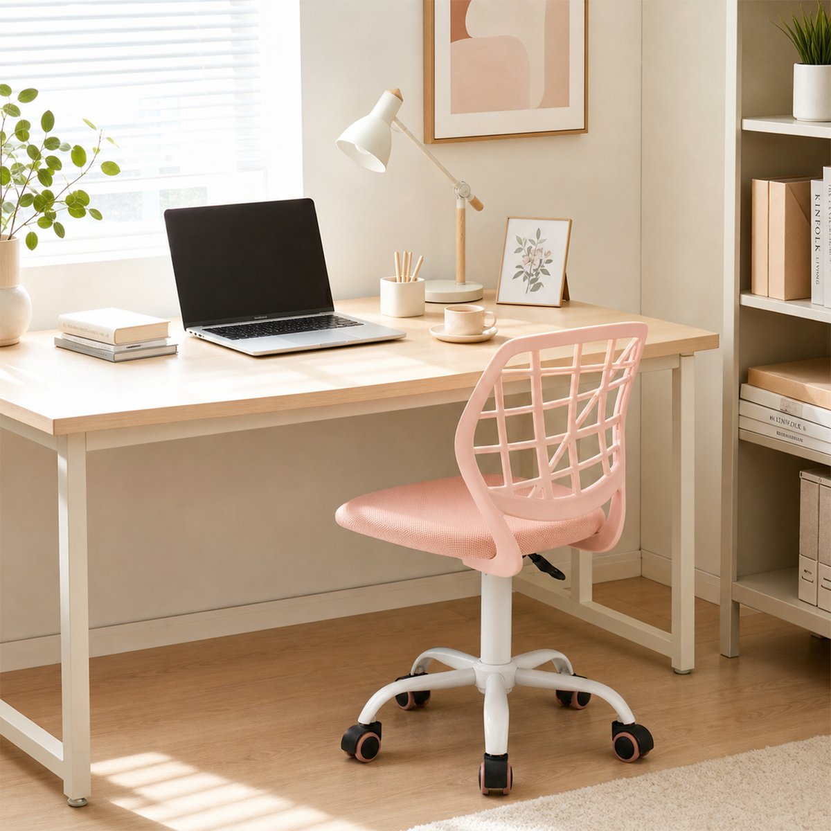 Chaise de bureau pivotante réglable en hauteur en maille, CARNATION PLICA rose blush, MEUBLES COSY