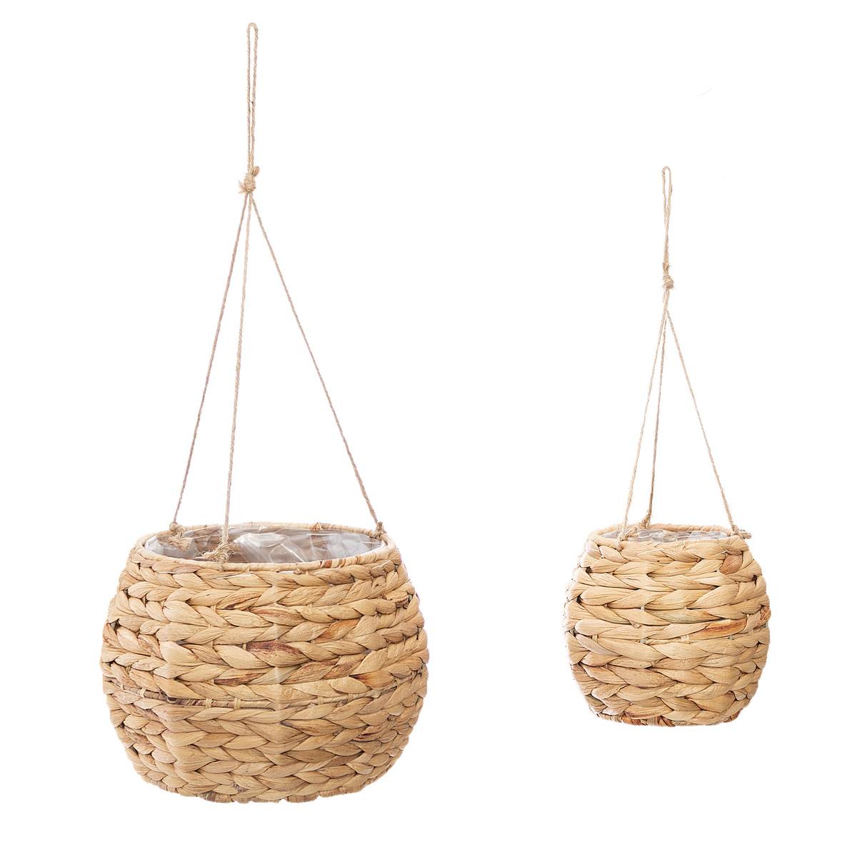 Set de 2 pots suspendus tressés en jacinthe d’eau HYA beige, ATMOSPHERA
