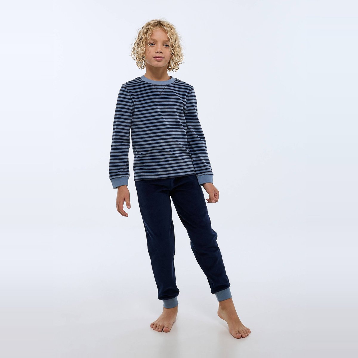 Pyjama velours manches longues marinière contient du coton BIO GOTS marine, MONOPRIX