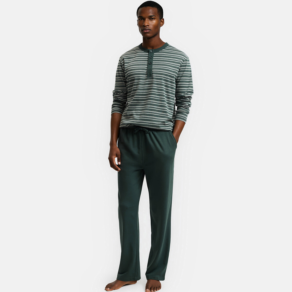 Pigiama a due pezzi, maglietta a maniche lunghe in jersey e pantaloni in felpa verde rigato, LA REDOUTE COLLECTIONS