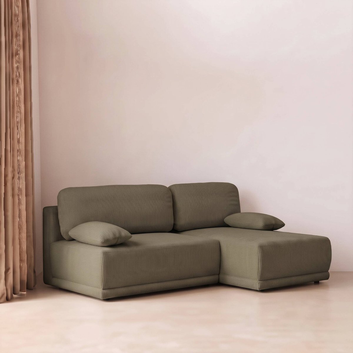 Banquette canapé d'angle droit convertible 3 places velours côtelé avec coffre NELSON taupe, SWEEEK