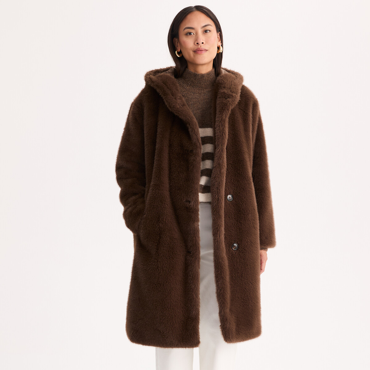 Manteau mi-long duveteux, à capuche marron, ANNE WEYBURN